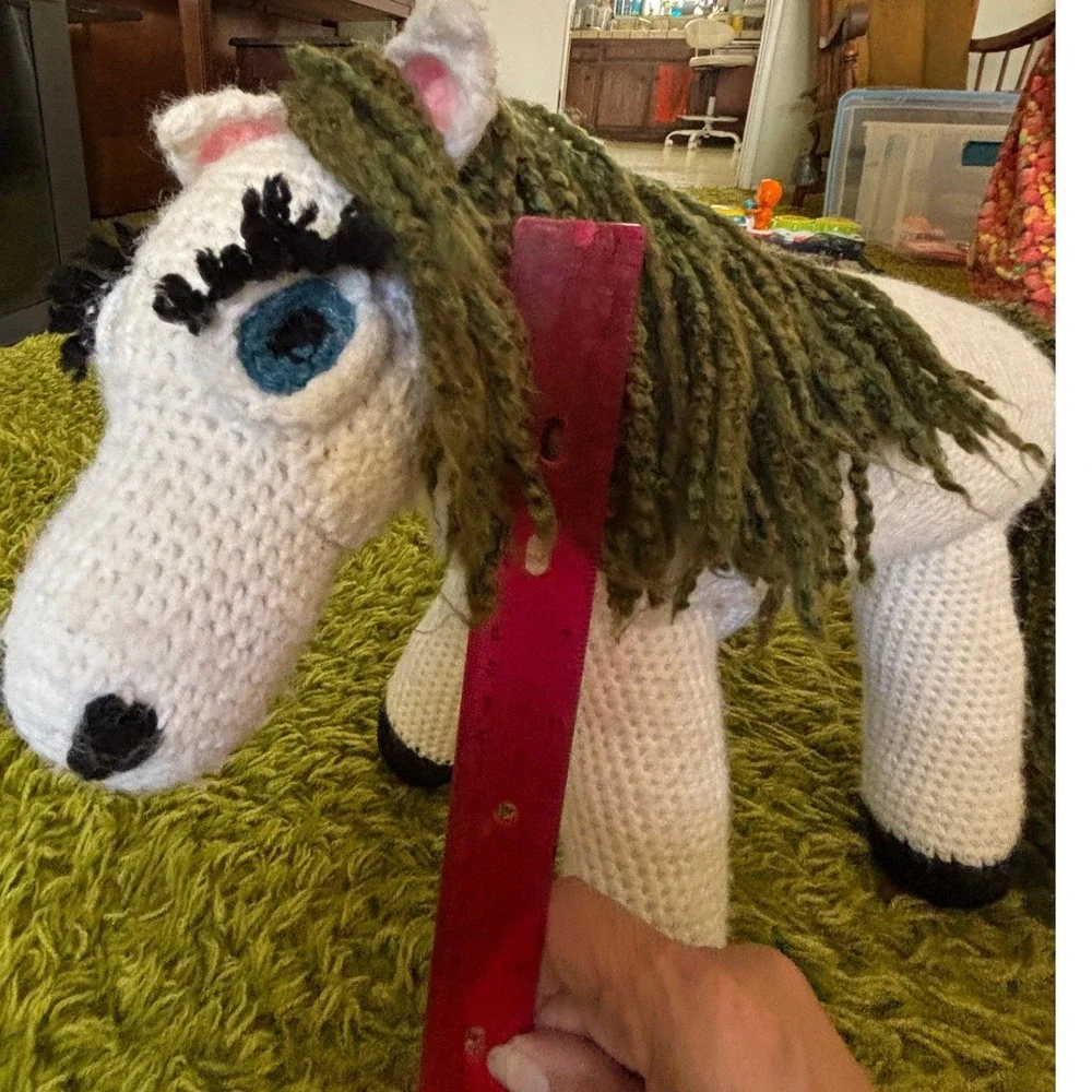 Handmade Crochet Horse Plush White Green Mane Amigurumi Folk Art Pony 12